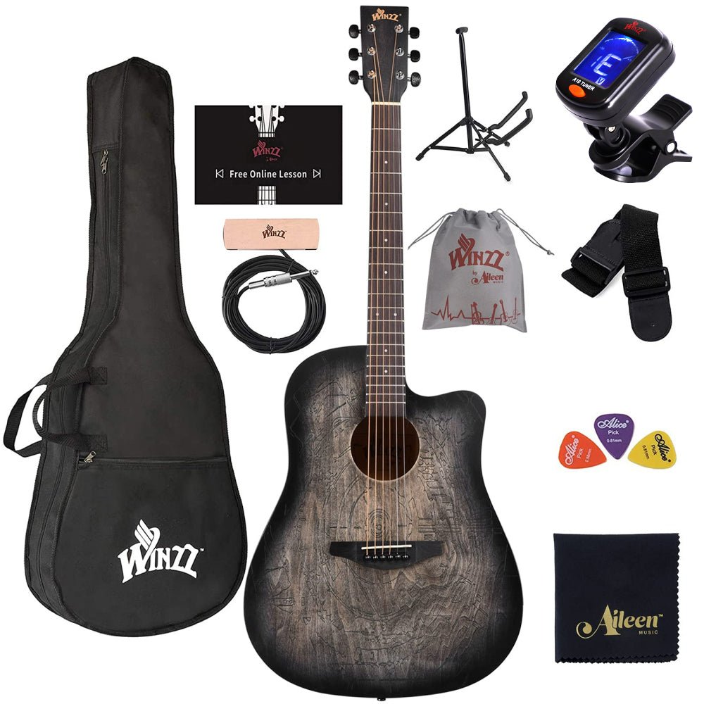 WINZZ AF-HE00LC 41-Inch Cutaway Carved Design Acoustic Electric Guitar