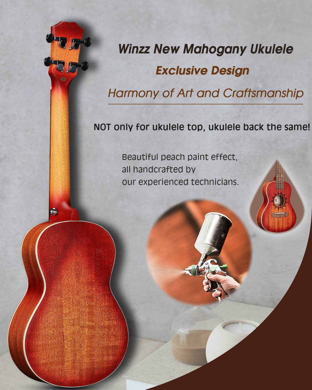 WINZZ AU07LA Mahogany Ukulele with Sun Engraved Soundhole