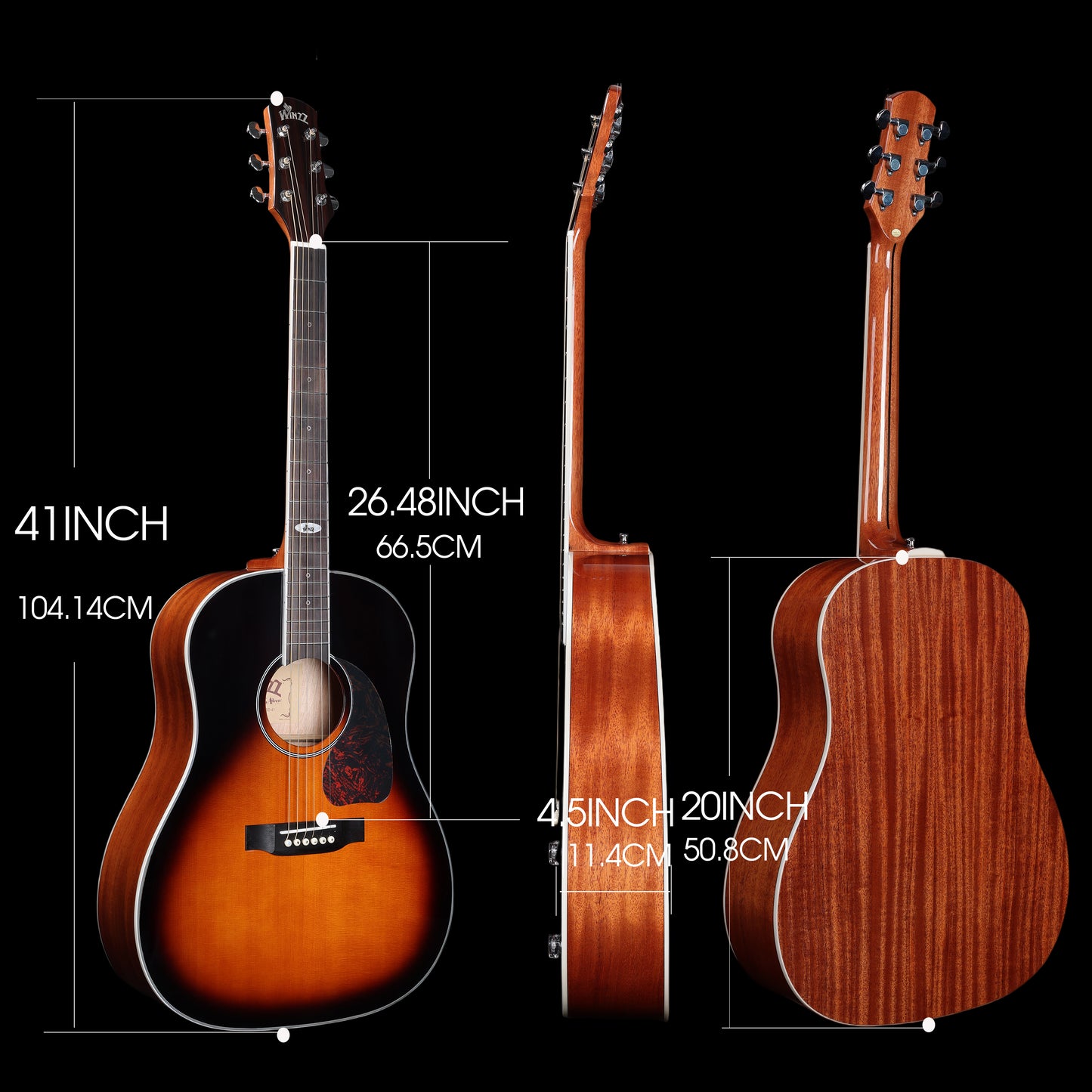 WINZZ AFM16-SD Slope Shoulder Dreadnought Solid Sitka Spruce Acoustic Guitar with Reinforced Carbon Fiber Neck