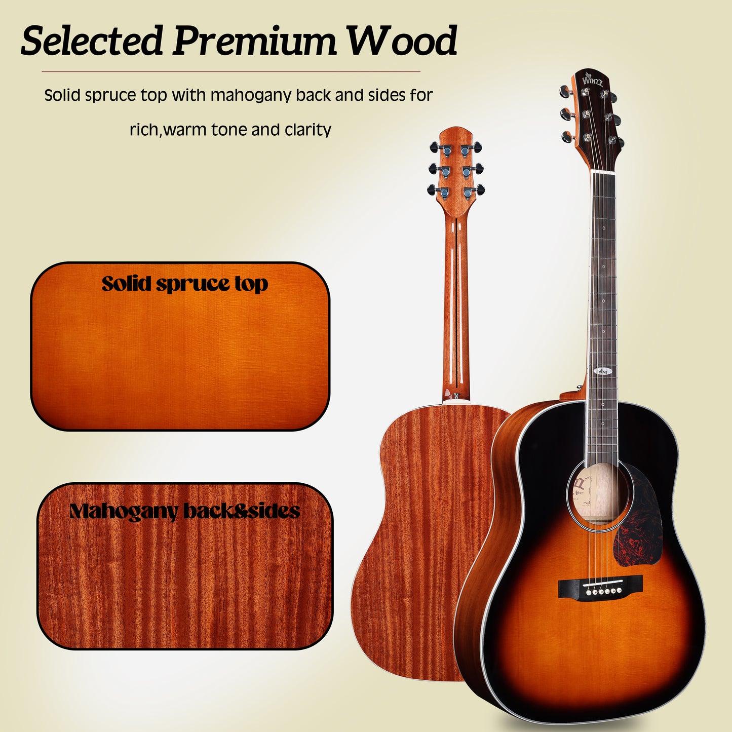 WINZZ AFM16-SD Slope Shoulder Dreadnought Solid Sitka Spruce Acoustic Guitar with Reinforced Carbon Fiber Neck