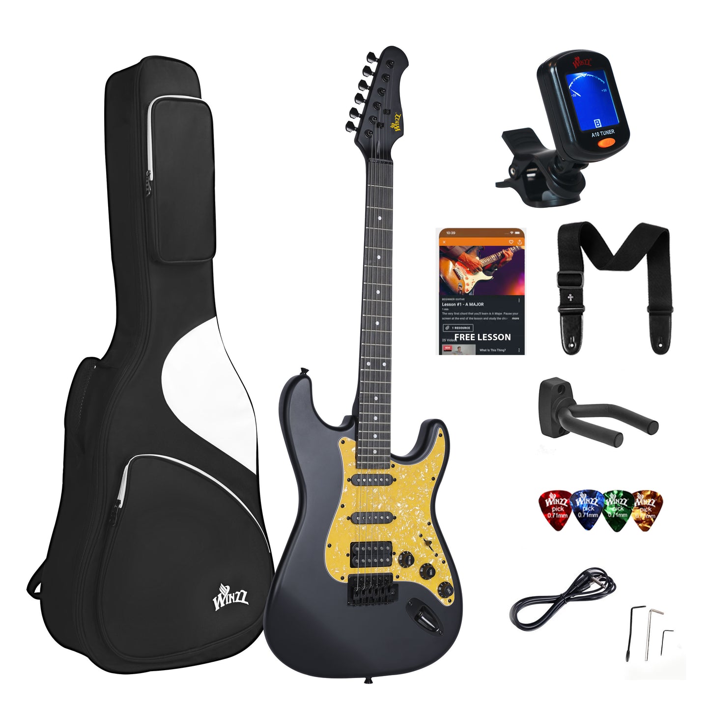 WINZZ EGS112H 39-inch Solid Poplar Wood Electric Guitar With SSH Pickup, Black Matte