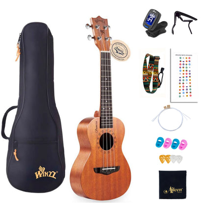 WINZZ AU70L Solid Mahogany Concert Ukulele for Beginners, Mahogany Matte