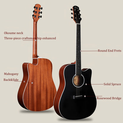 Black matte acoustic-electric guitar with solid spruce top, ideal for stage and studio use.