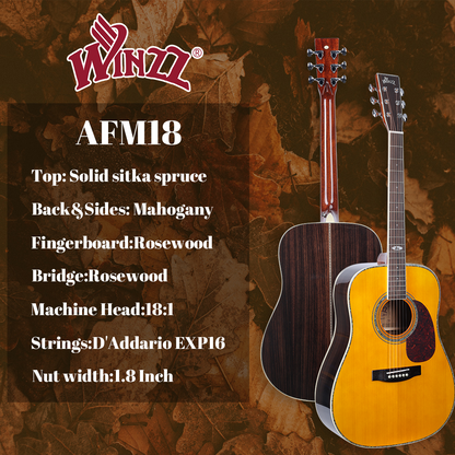 WINZZ AFM18H-MTC Solid Sitka Spruce Dreadnought Acoustic Guitar with Reinforced Carbon Fiber Neck