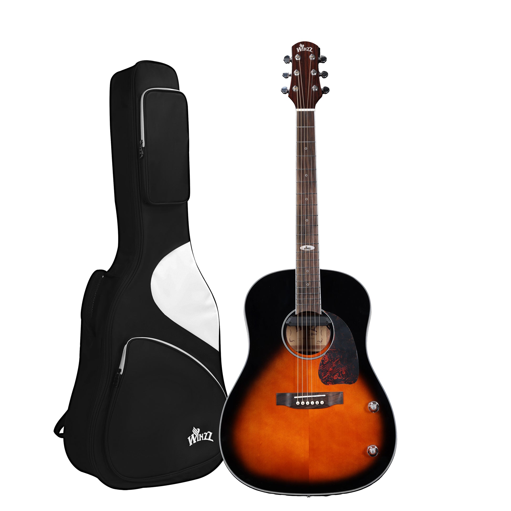 WINZZ AFM16E-SD Full Body Display: The guitar’s full body view highlights its classic slope-shoulder design and natural wood finish