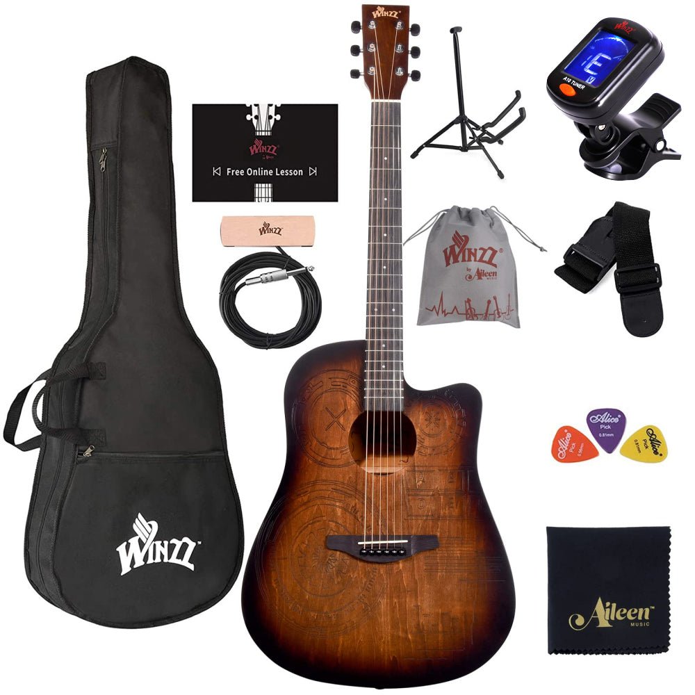 WINZZ AF-HE00LC 41-Inch Cutaway Carved Design Acoustic Electric Guitar - winzzguitars