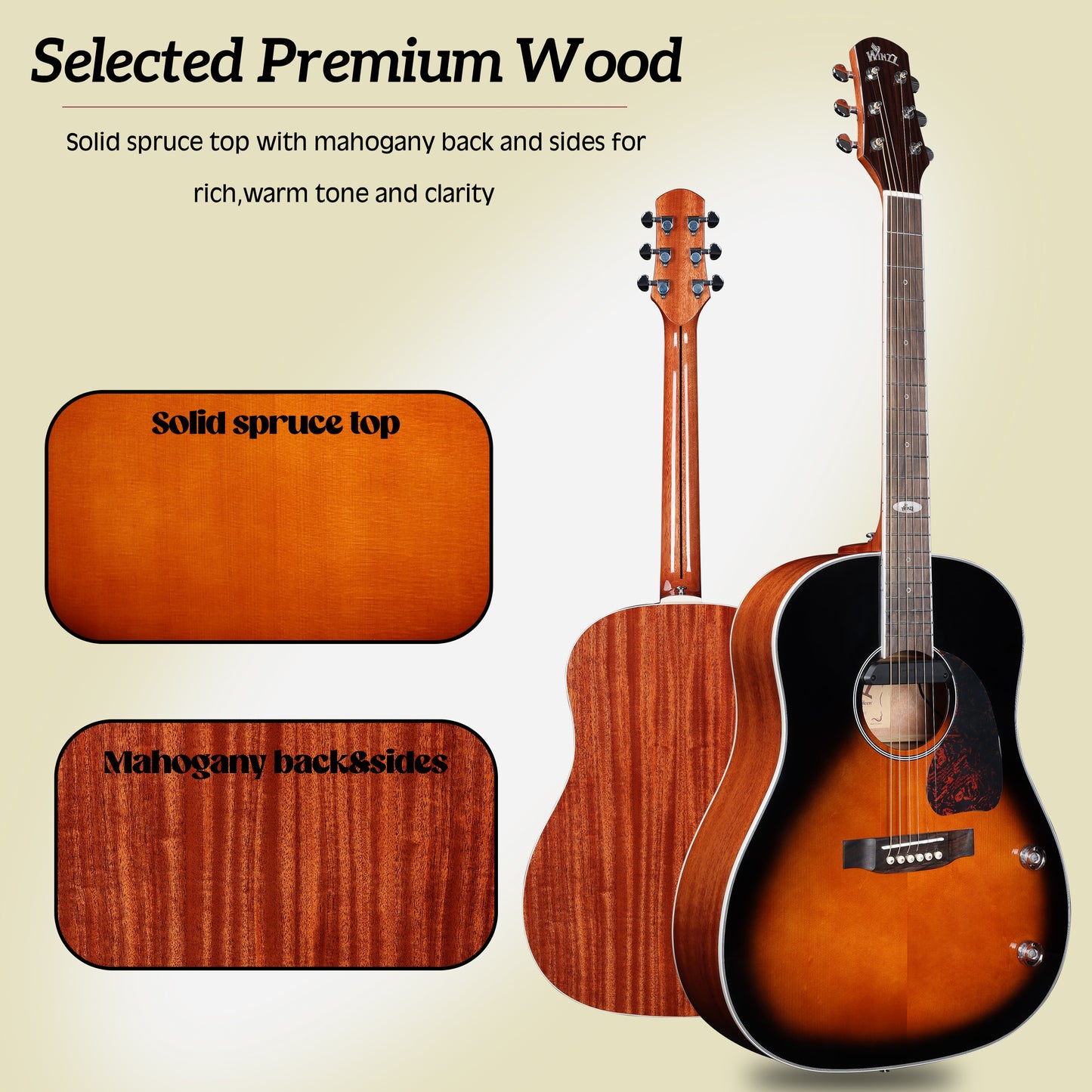 WINZZ AFM16E-SD Solid Spruce Top Detail: Detailed shot of the solid spruce top, providing bright, resonant tones ideal for versatile playing styles