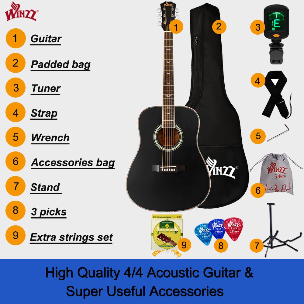 Winzz 41 Inch Acoustic Guitar for Beginners Adults, Black Matte - winzzguitars