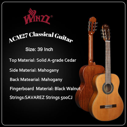 WINZZ ACM27 39-Inch Solid Cedar Classical Guitar With Reinforced Carbon Fiber Neck - winzzguitars