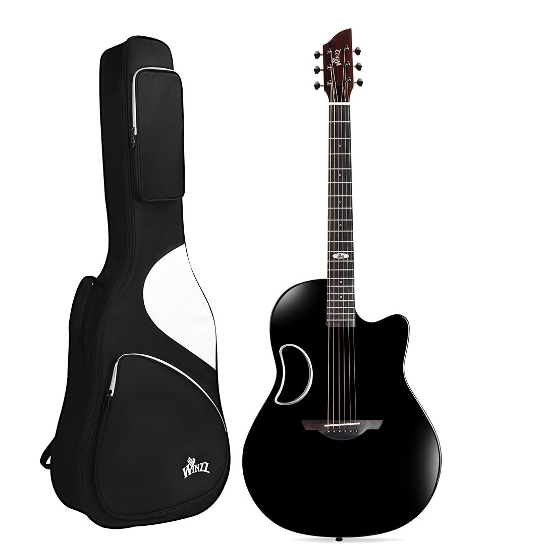 WINZZ AFO300C Solid Spruce Top Acoustic Guitar with Carbon Fiber Back in glossy black, offering exceptional durability, crisp sound projection, and a stylish modern look.