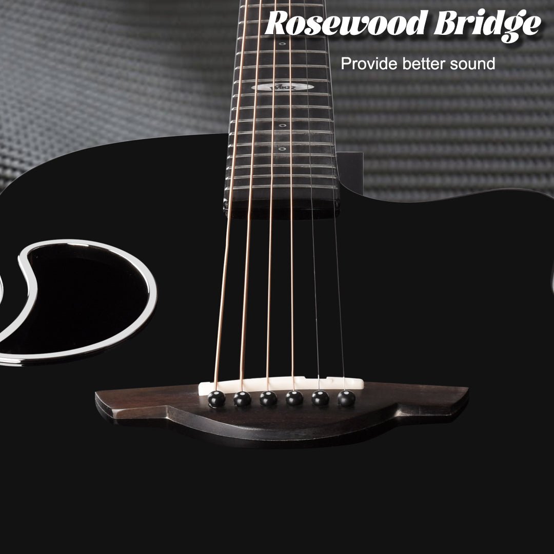 Elegant and durable WINZZ AFO300C acoustic guitar in a glossy black finish, perfect for musicians who prioritize style and superior performance.