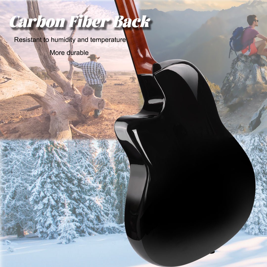 High-gloss black acoustic guitar from WINZZ, featuring a solid spruce top for warm tones and a carbon fiber back for enhanced strength and modern aesthetics