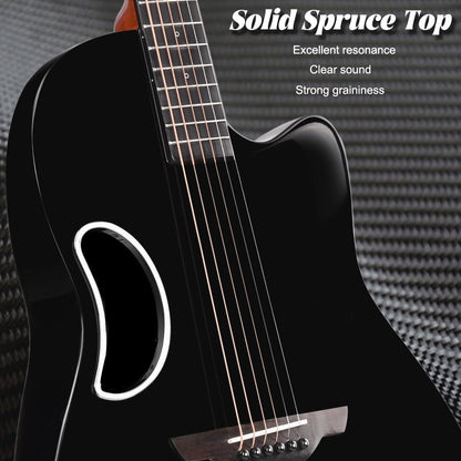 Glossy black WINZZ AFO300C acoustic guitar with a solid spruce top and carbon fiber back, crafted for a bold presence on stage and balanced sound quality