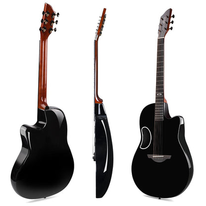 WINZZ AFO300C acoustic guitar with a solid spruce top and carbon fiber back, finished in glossy black, delivering exceptional versatility for various playing styles