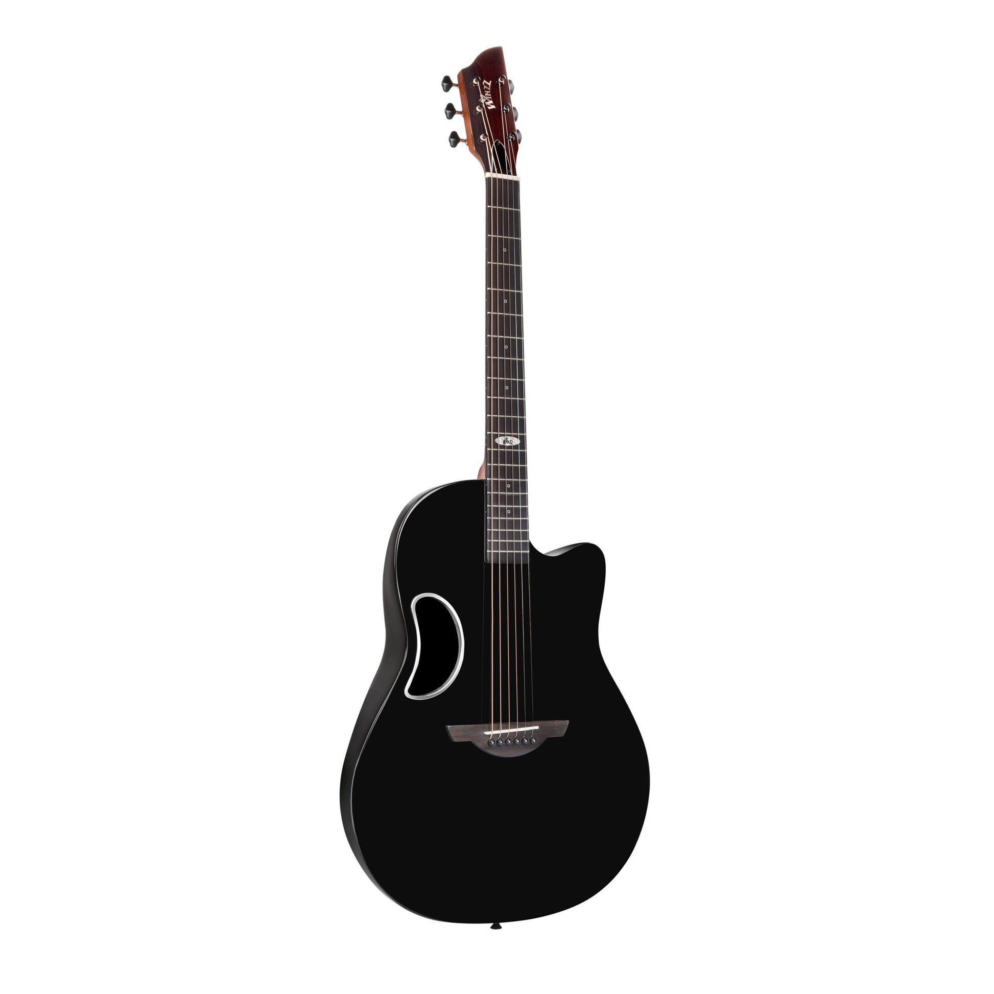 A high-gloss black acoustic guitar featuring a solid spruce top and carbon fiber back, designed for musicians seeking a sleek and elegant instrument with premium craftsmanship