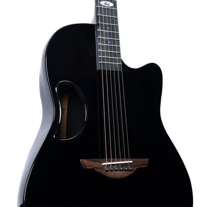 WINZZ AFO300C acoustic guitar in glossy black combines a solid spruce top and carbon fiber back for exceptional tone, durability, and sleek aesthetics