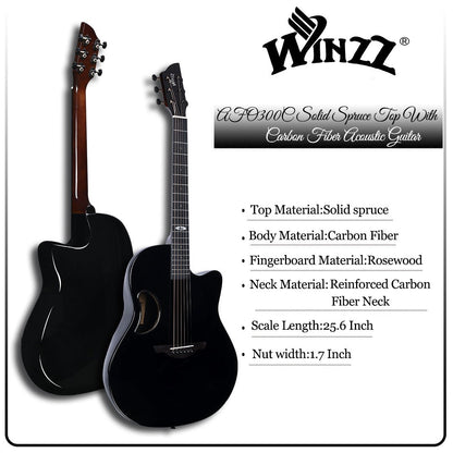 WINZZ AFO300C acoustic guitar in glossy black, combining a solid spruce top for rich tones with a carbon fiber back for lightweight durability and visual appeal