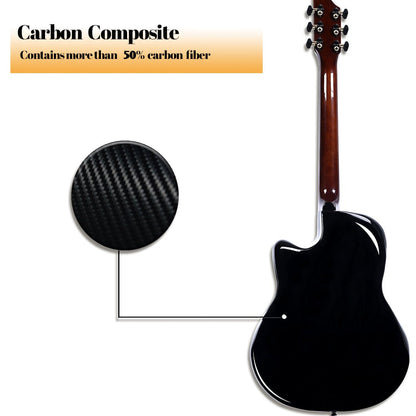 Glossy black WINZZ AFO300C acoustic guitar, featuring a robust carbon fiber back and a solid spruce top for professional sound and enduring quality